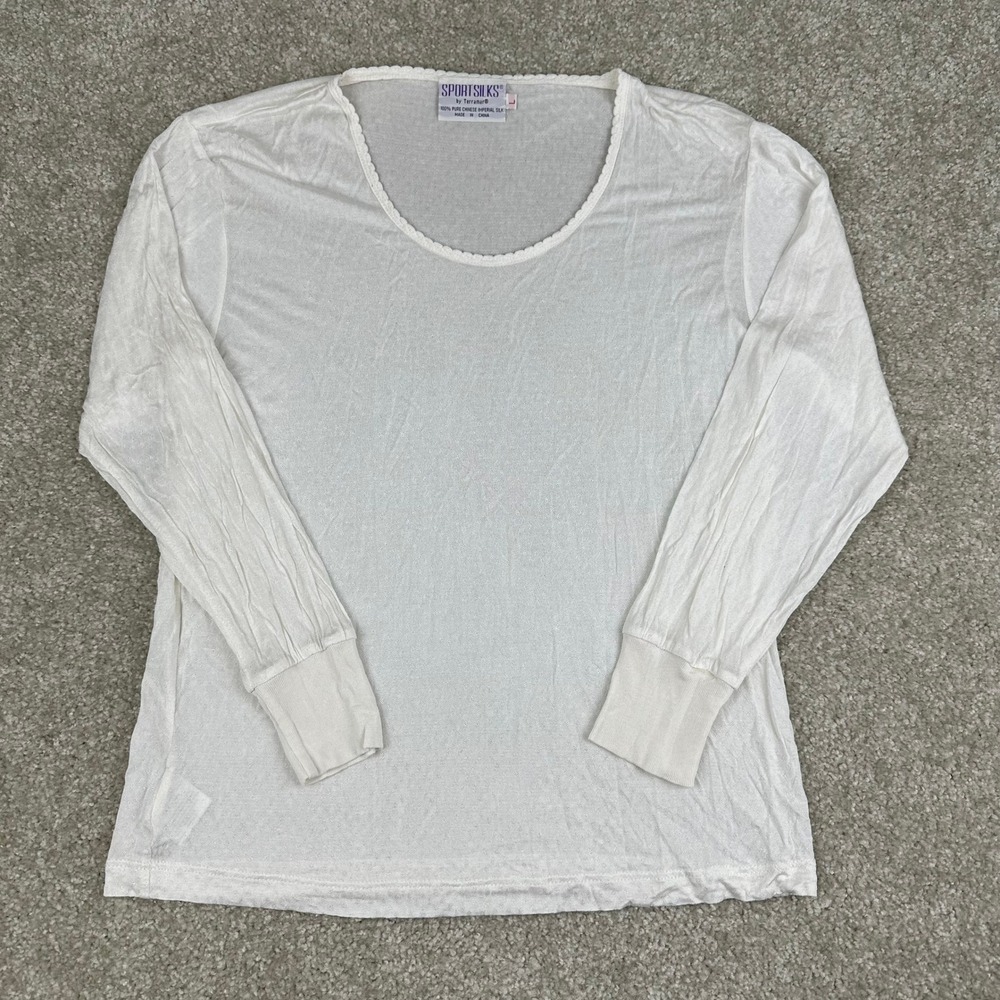 SportSilks by Terramar Vintage 100% Silk Long Sleeve Top White Pointelle Large